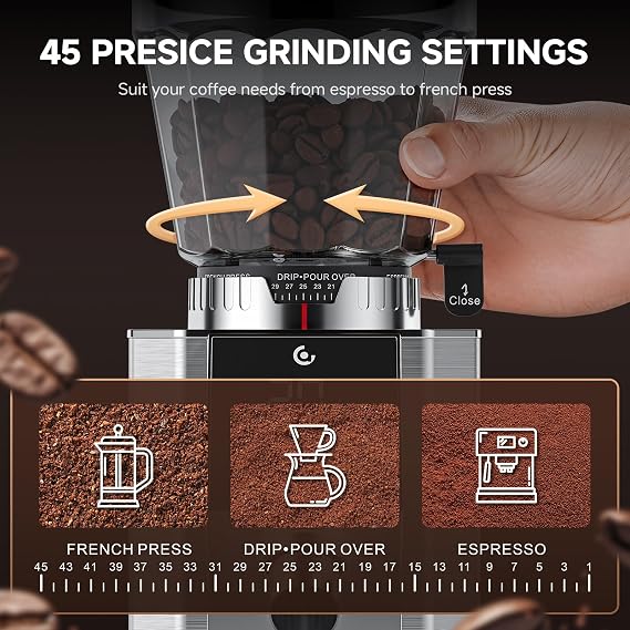 AMZCHEF Conical Burr Coffee Grinder, Espresso Grinder with 45 Grind Settings, Anti-Static Electric Coffee Bean Mill with Touchscreen Timer, 40mm Stainless Steel Burr