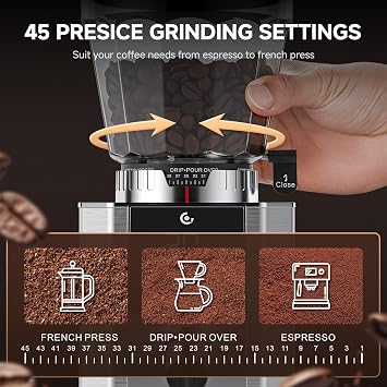 AMZCHEF Conical Burr Coffee Grinder, Espresso Grinder with 45 Grind Settings, Anti-Static Electric Coffee Bean Mill with Touchscreen Timer, 40mm Stainless Steel Burr