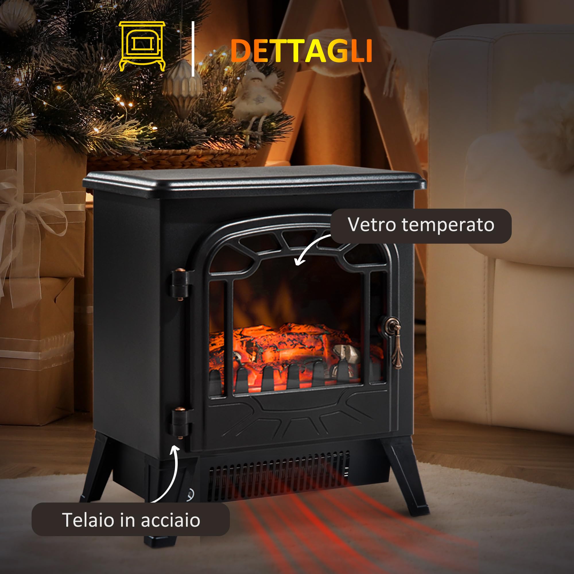 HOMCOM Camino Elettrico Effetto Fiamma Regolabile 36 x 25.5 x 41.5cm Nero | Caminetto Elettrico 925W/1850W, Temperatura Regolabile, Termostato, Protezione da Surriscaldamento