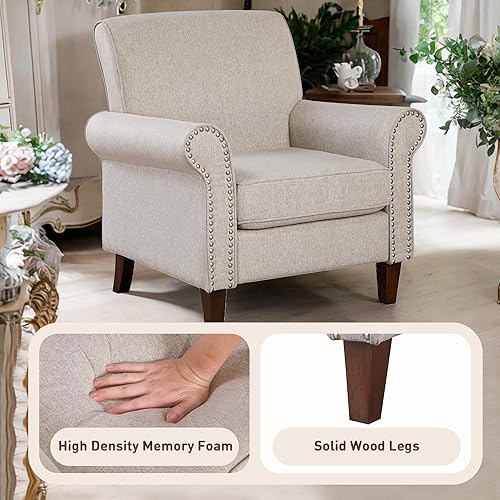 Miniatura 5 de Prilinex Silla tapizada para sala de estar, silla decorativa grande y cómoda de tela, sofá individual con cojín, reposabrazos enrollados y ribete de