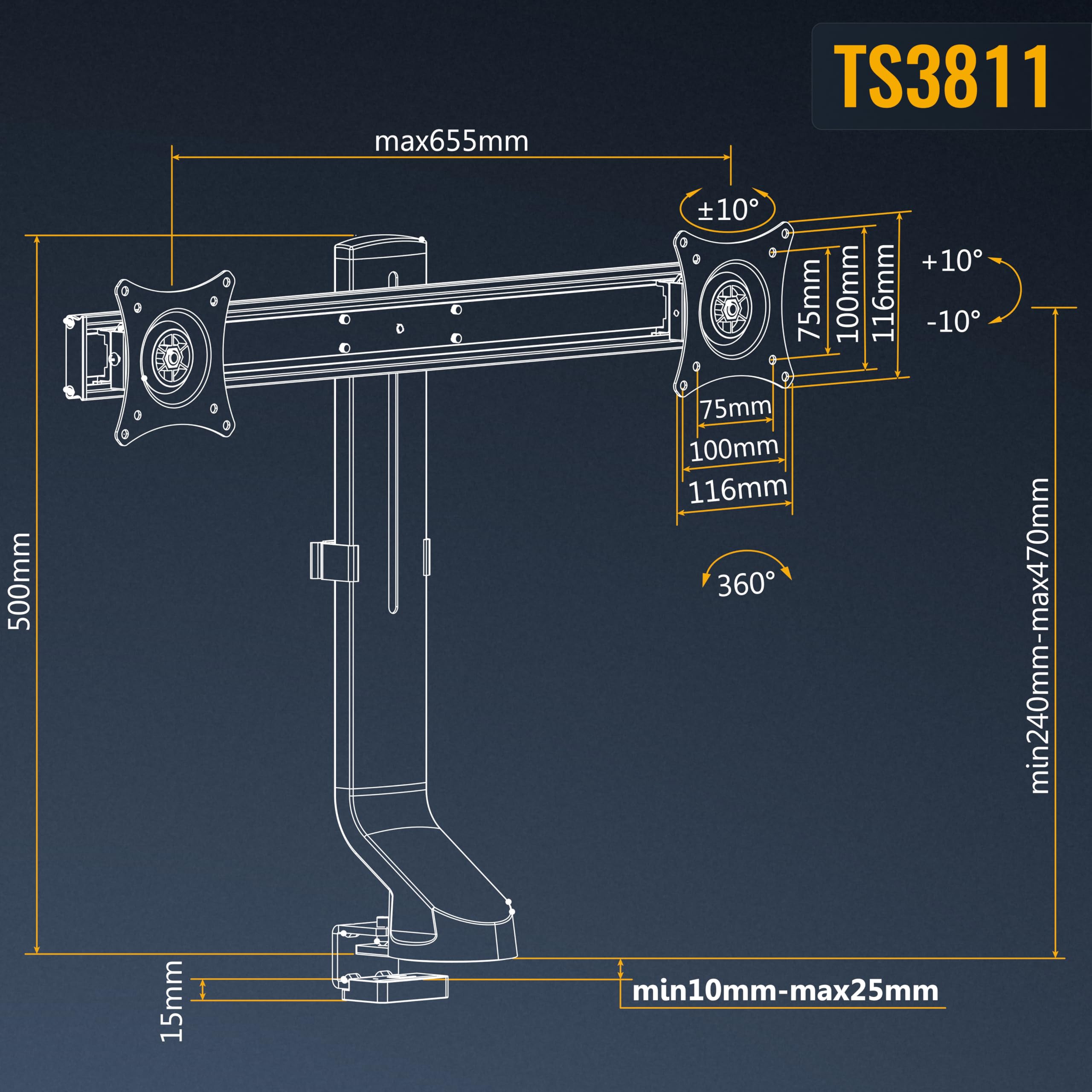 RICOO TS3811 Supporto monitor da scrivania 13-27 pollici per 13 27 pollici girevole inclinabile fino a 7 kg max VESA 100x100