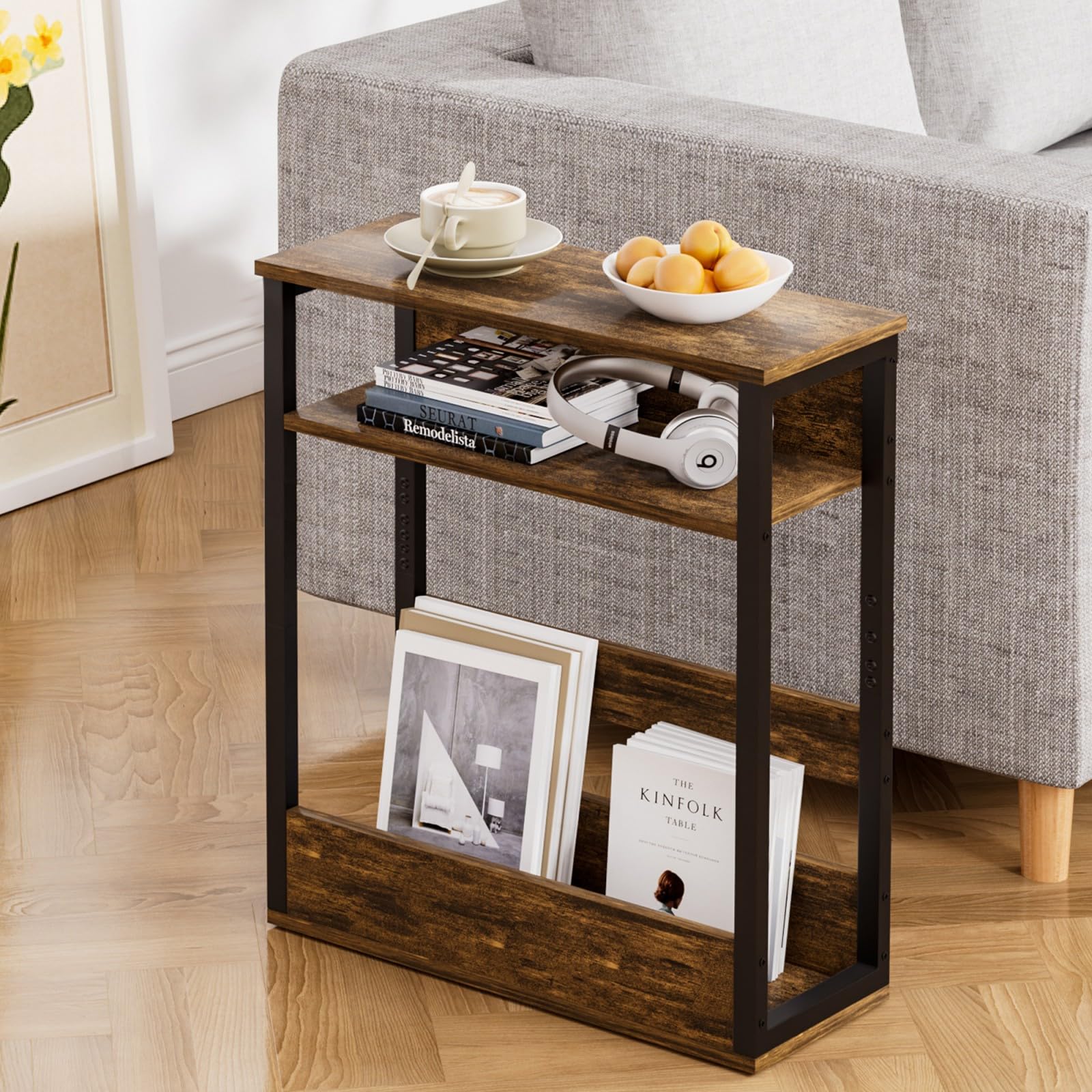 Levede Narrow Side Table Slim 3-Tier End Table Bedside Sofa Bedroom, Brown — image 1