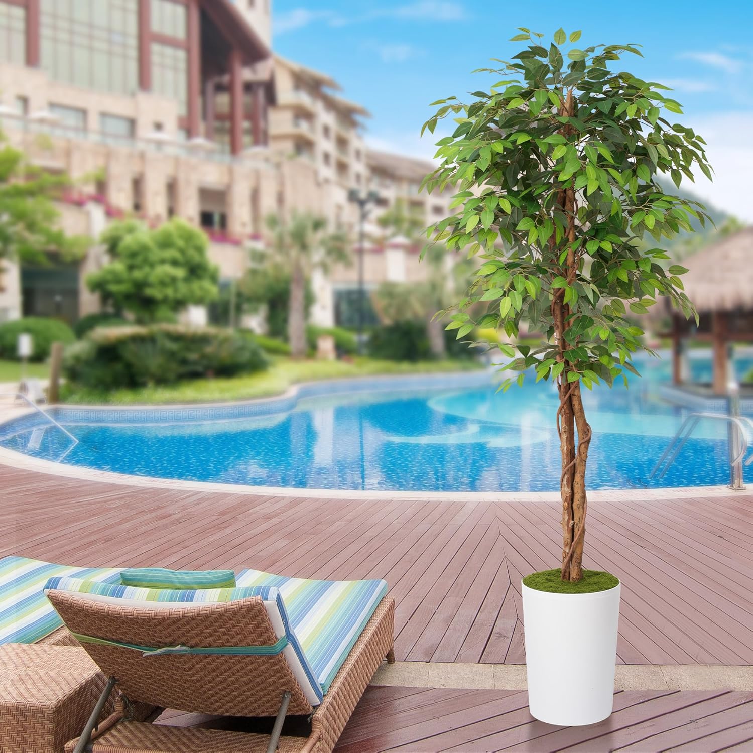 7Ft Artificial Ficus Tree in Large Tall Planter - Faux Indoor Plant with Realistic Wood Trunk - Large Tall Fake Plant for Home, Office, Living Room, Patio Decoration