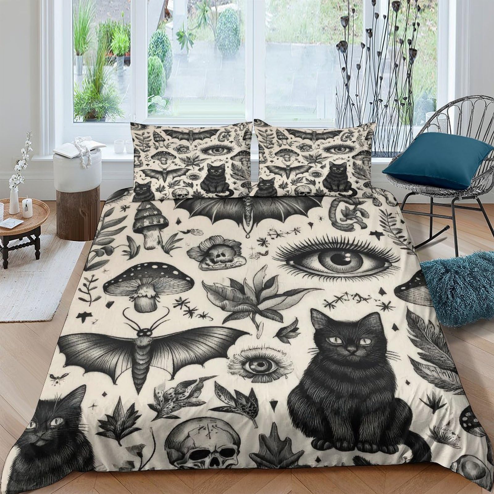 TUFRTGYHN 3D Printed Gothic Tattoo Duvet Cover Set Microfiber Soft Breathable Black Cat Skull Bedding with 2 Pillowcases for Bedroom Decor Single（135x200cm）