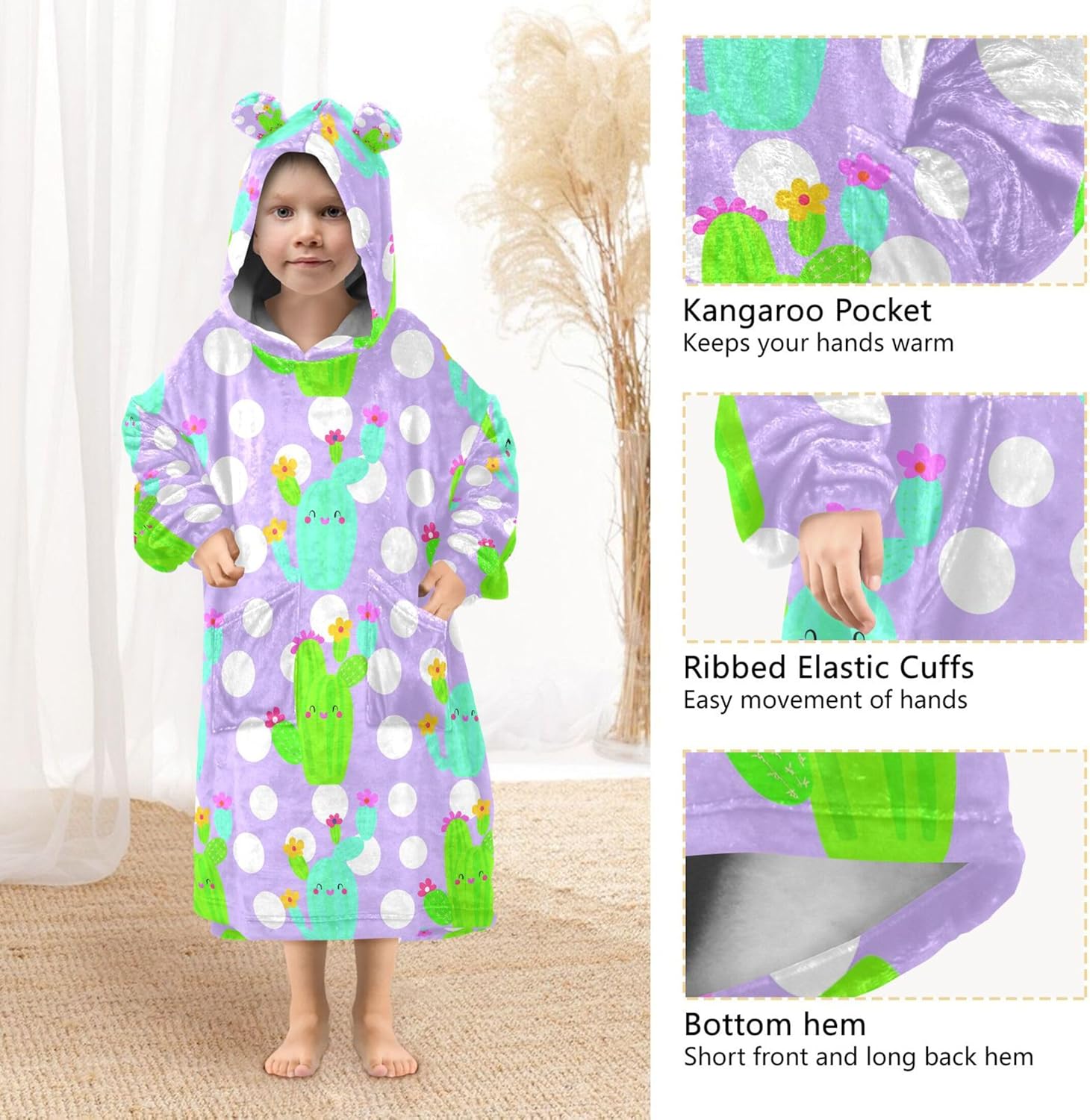 Cactus Kids Wearable Blanket Hoodie with Pocket and Sleeves for Toddlers, Cute Hoodies 3-14 Year Girls Boys B0405173