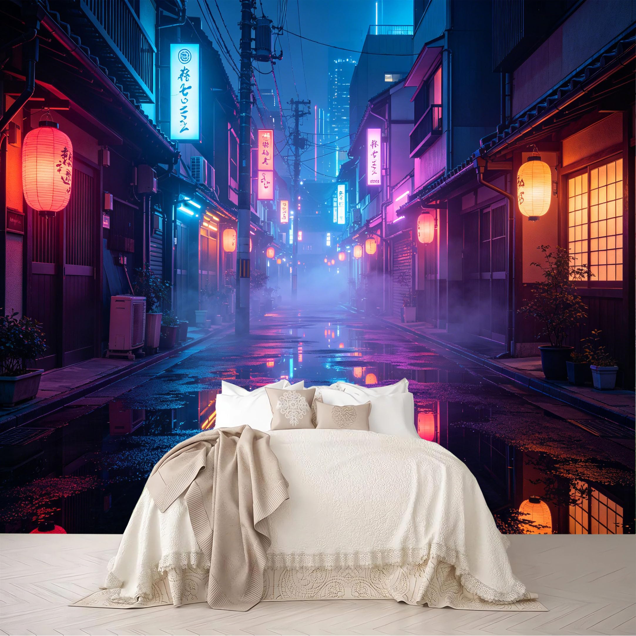 Dskjoviality Ab260706001 Custom Size Wall Mural Neon Rainy Night Street Lantern Reflection View Removable Self Adhesive Peel And Stick Wallpaper For Bedroom Living Room Dining Room