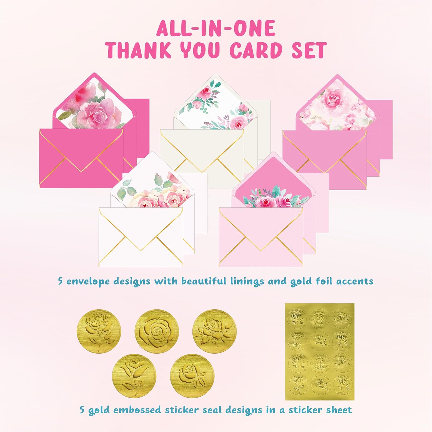 Decorably 10 Pack Gold-Foiled 5x3.75in Textured Floral Thank You Cards with Envelopes Watercolor Prints & Stickers, 5 Folded Elegant Designs for Friends, Family & Loved Ones, Blank Inside - Image 8