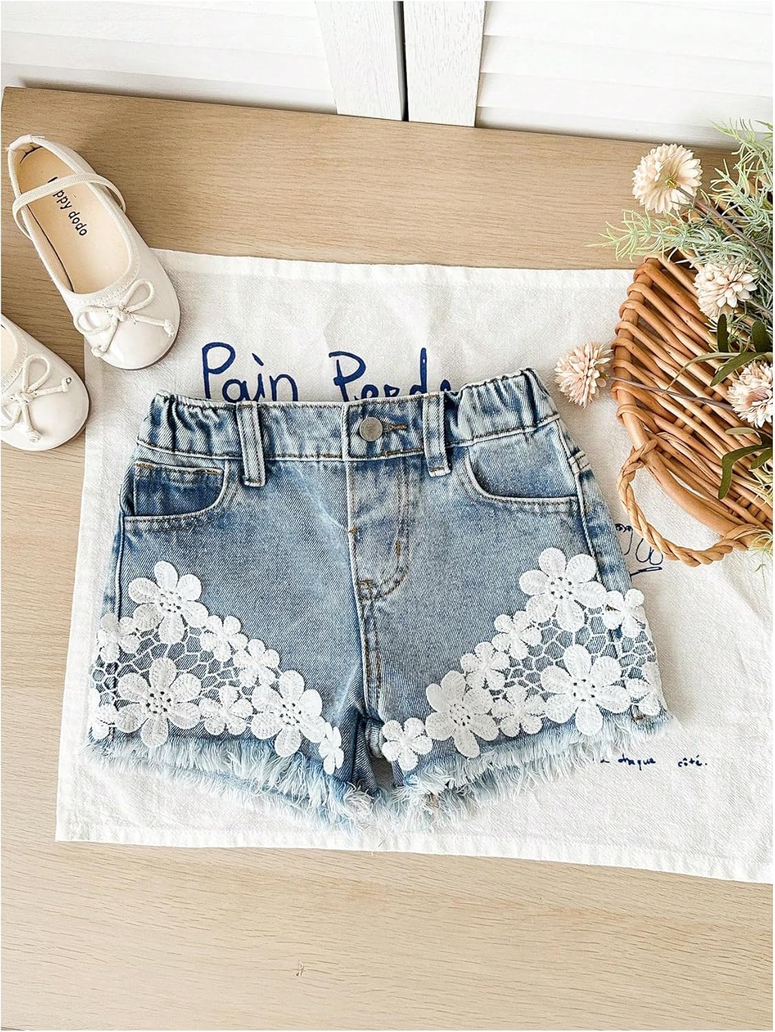 MakeMeChic Girl's Summer Floral Lace Denim Shorts Distressed Trim Zip Fly Micro Mini Jorts
