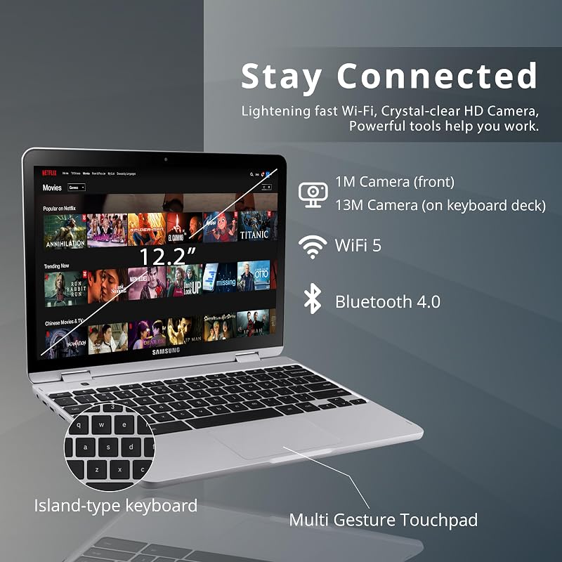 Samsung Chromebook Plus V2 2-in-1 12.2" WUXGA LED Touchscreen Laptop, Intel Celeron 3965Y, 4GB RAM, 64GB eMMC, 2 Cameras, Stylus Pen, Island-Type KB, Wi-Fi 5, Chrome OS, Silver(Renewed) image 4