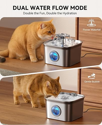 Miniatura 6 de Fuente de agua para gatos de acero inoxidable, 2.8 L con bomba ultra silenciosa de 20 dB, ideal para mascotas tímidas, ventana LED de nivel de agua