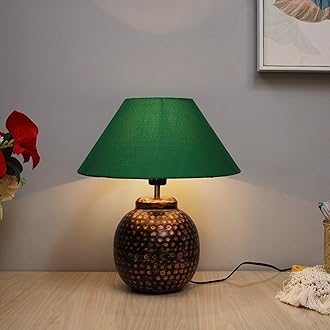 Homesake Antique Table Lamp Incandescent Hammered Oil-Rubbed Bronze Metal Linen Drum Shade For Living Room Family Bedroom, (Ginger Jar, Green )