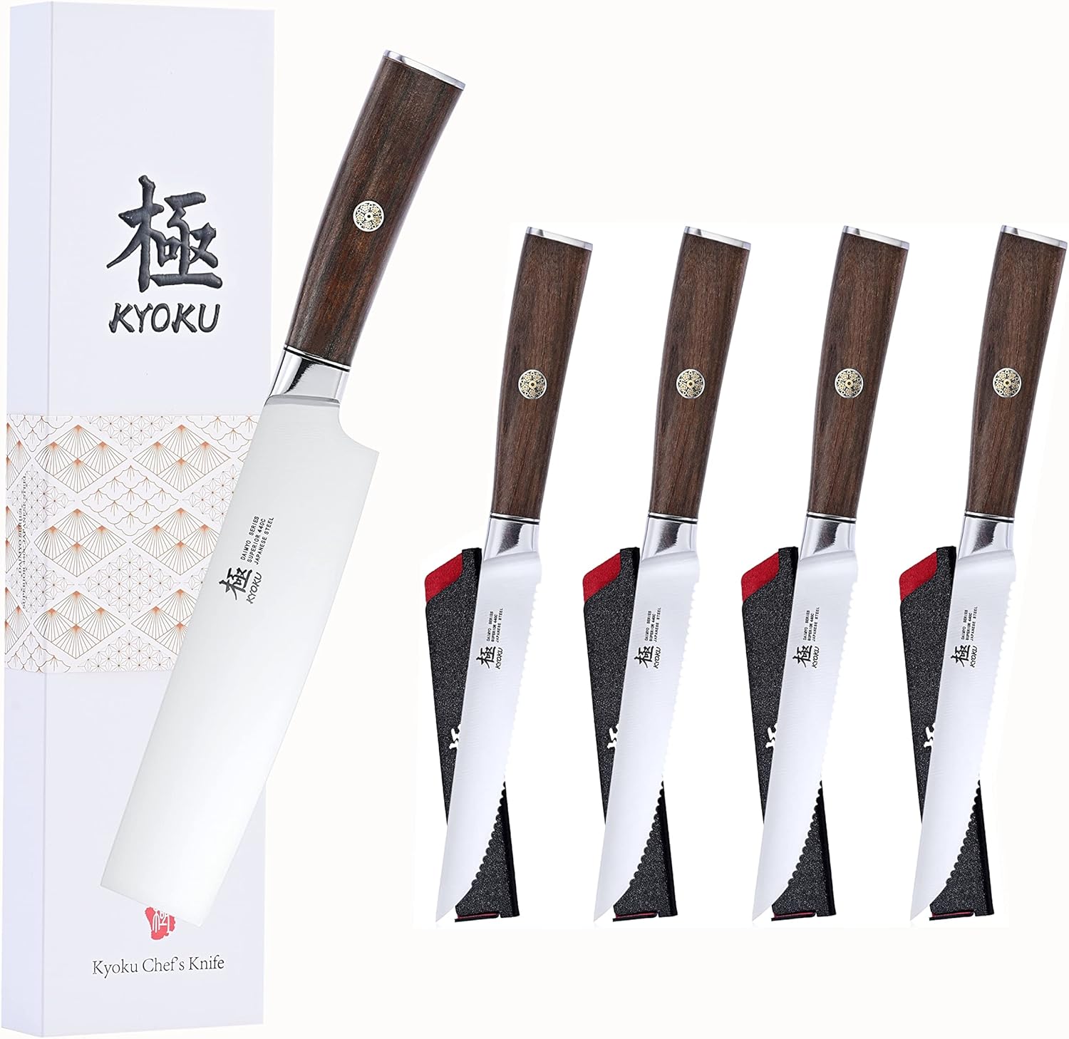 KYOKU Daimyo Series 7" Nakiri Knife + 5'' Steak Knife Set of 4 - Japanese 440C Stainless Steel - Rosewood Handle