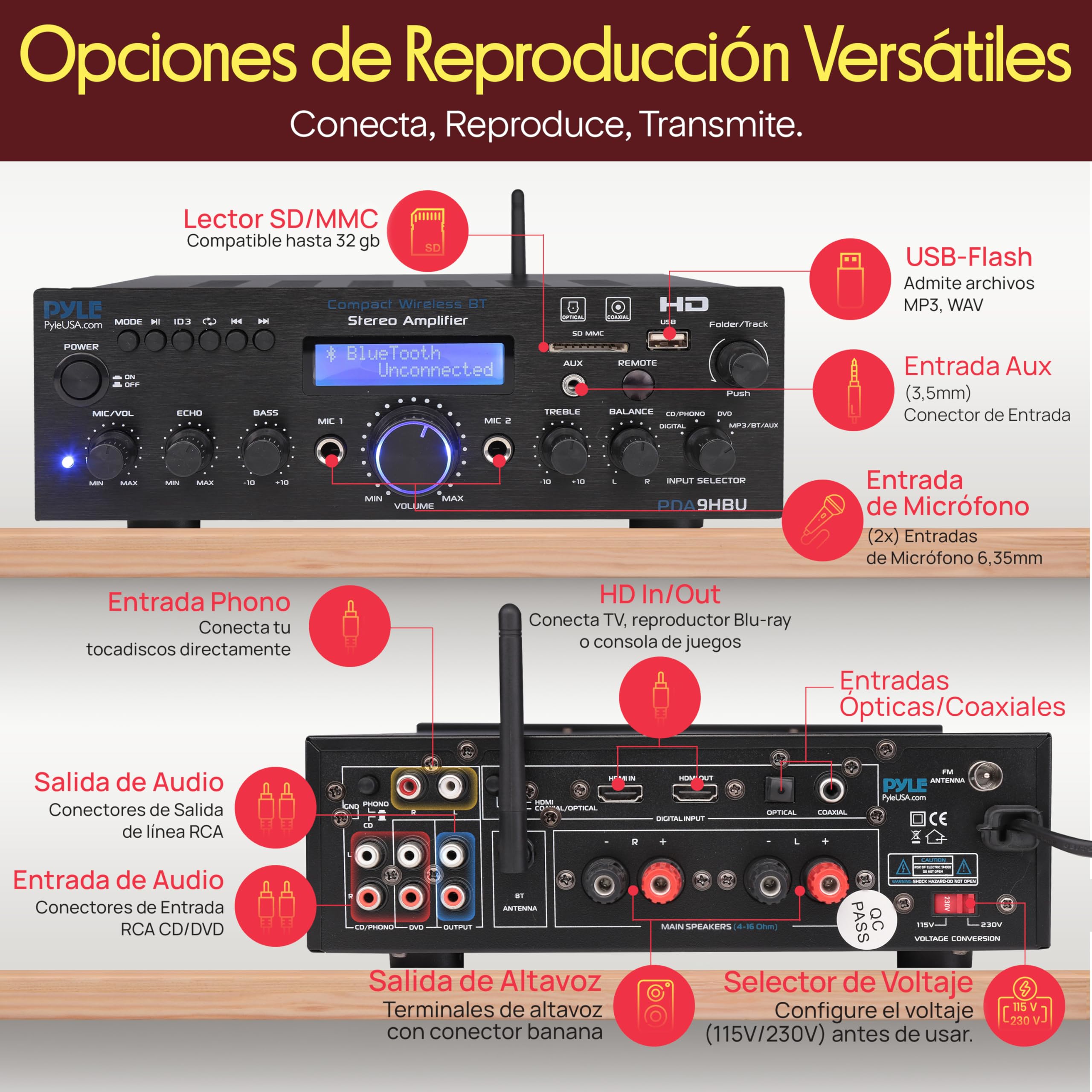 Pyle Amplificador de Sonido, 200W, Bluetooth, Inalambrico, Estereo, para el hogar, Control Remoto, Sistema con HDMI/Optico/Fono/Coaxial, Radio FM, USB/SD, AUX, RCA