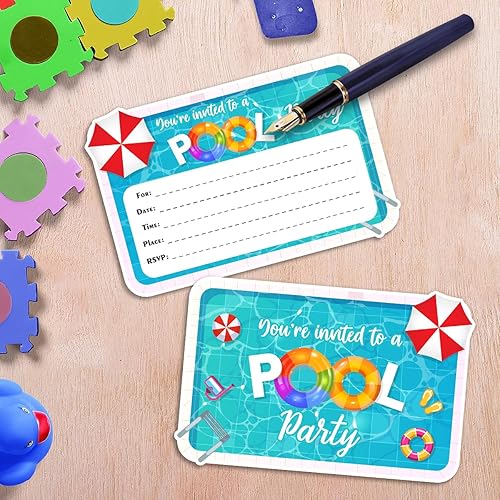 Miniatura 5 de Yangmics Direct - 30 invitaciones de fiesta de verano multicolor en la piscina con sobres para niños y niñas