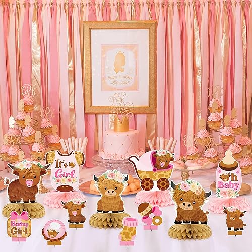 Miniatura 6 de 12 centros de mesa de nido de abeja de vaca rosa de las tierras altas, diseño floral de ganado de las tierras altas, decoración de mesa de fiesta de