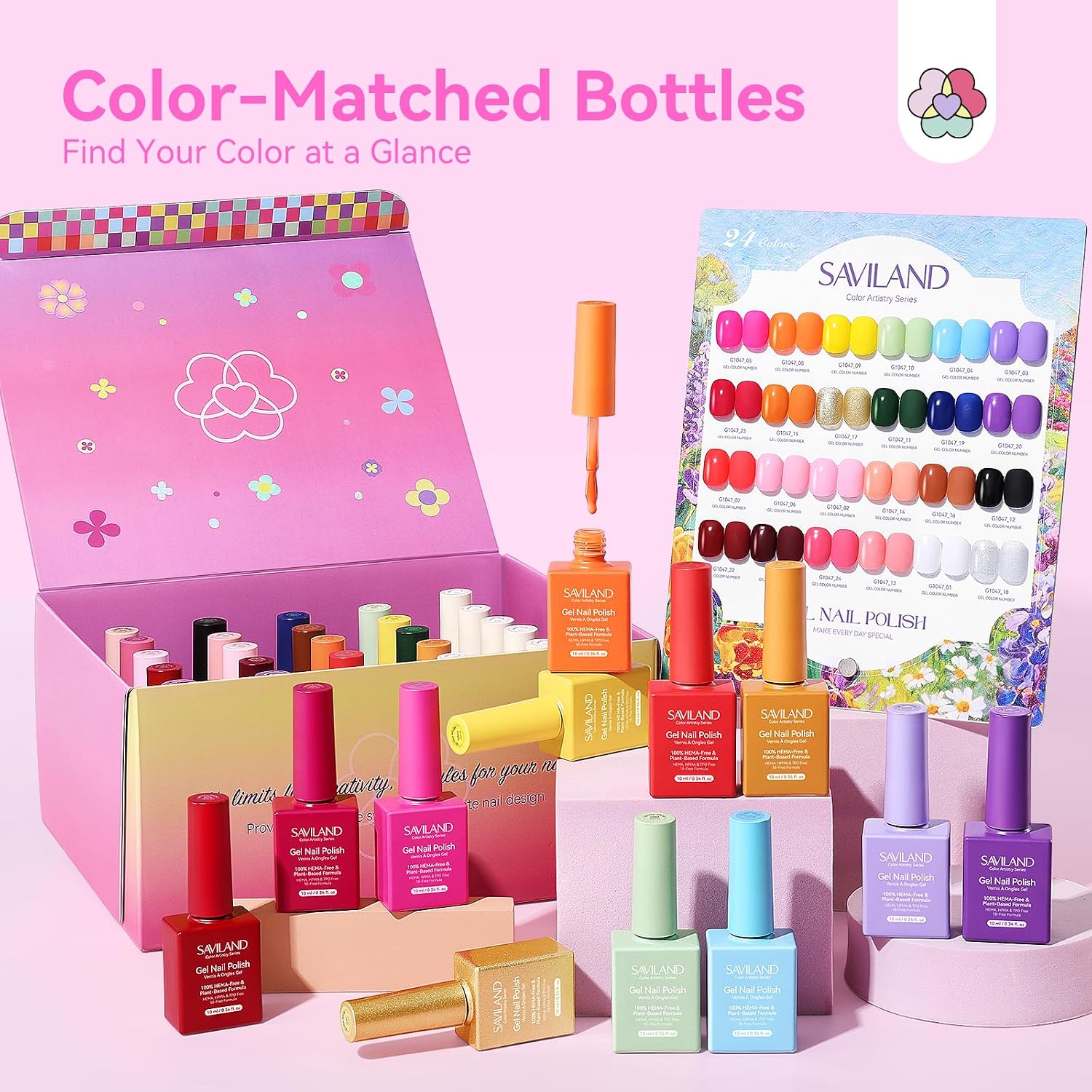 SAVILAND 30Pcs HEMA-Free Gel Nail Polish Set: 24 Colors Professional U V Gel Polish Kit & 6 Essential Gel Base Top Coat Builder Gel Swatch Card for Nail Studio Art Design Salon Gifts Women 10ml