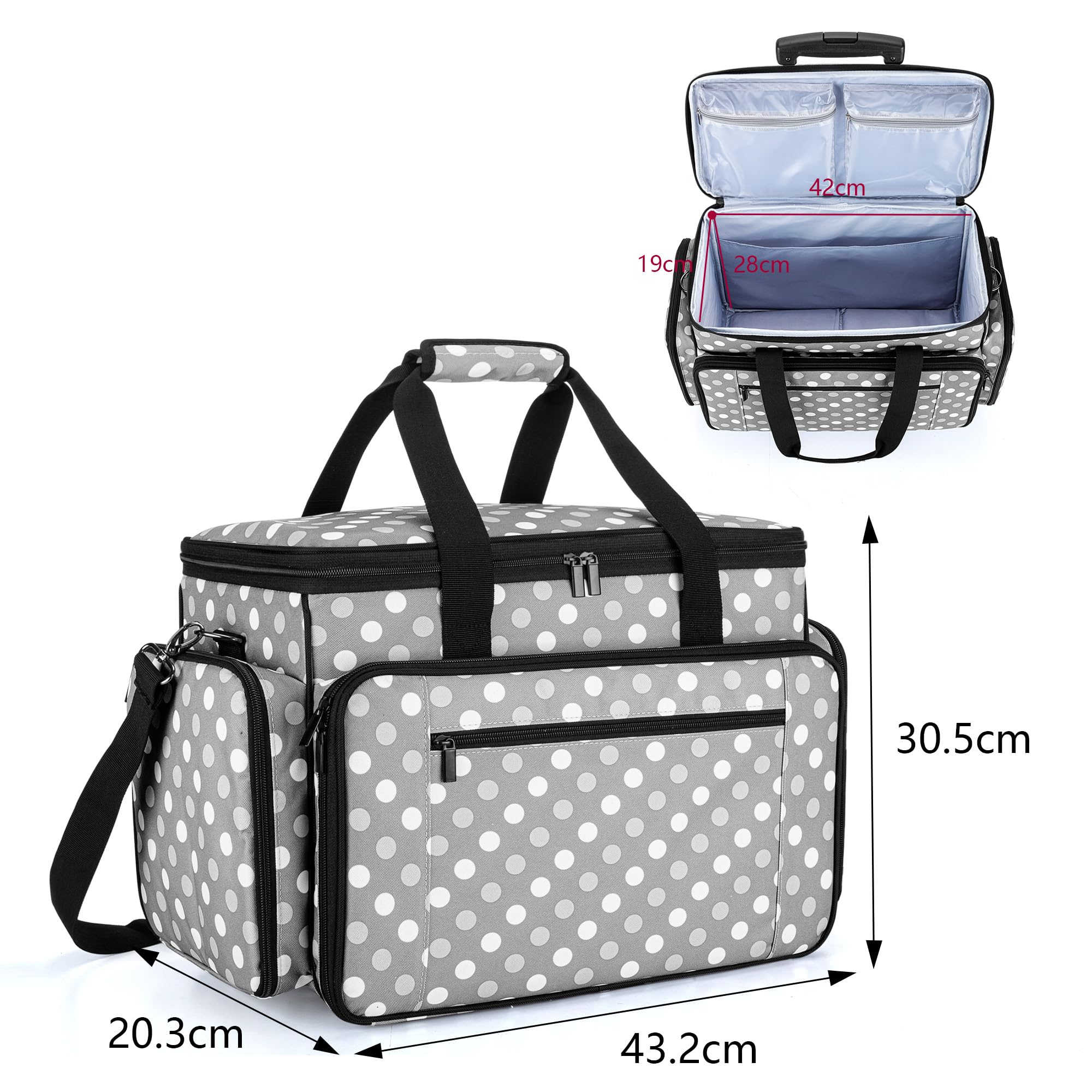 Luxja Borsa per Macchina da Cucire con Trolley Staccabile, Borse da Trasporto Macchine da Cucire (Adatto per la Maggior Parte delle Macchine da Cucire), Puntini Grigi