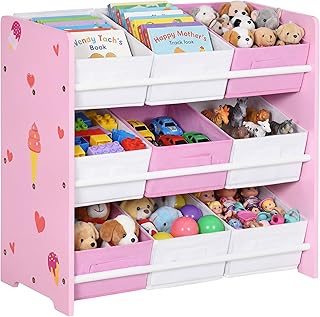 ZONEKIZ Kids Storage Unit, Toy Box Organizer, Bookshelf with Nine Removable Baskets, for Bedroom, Nursery, Playroom, Pink