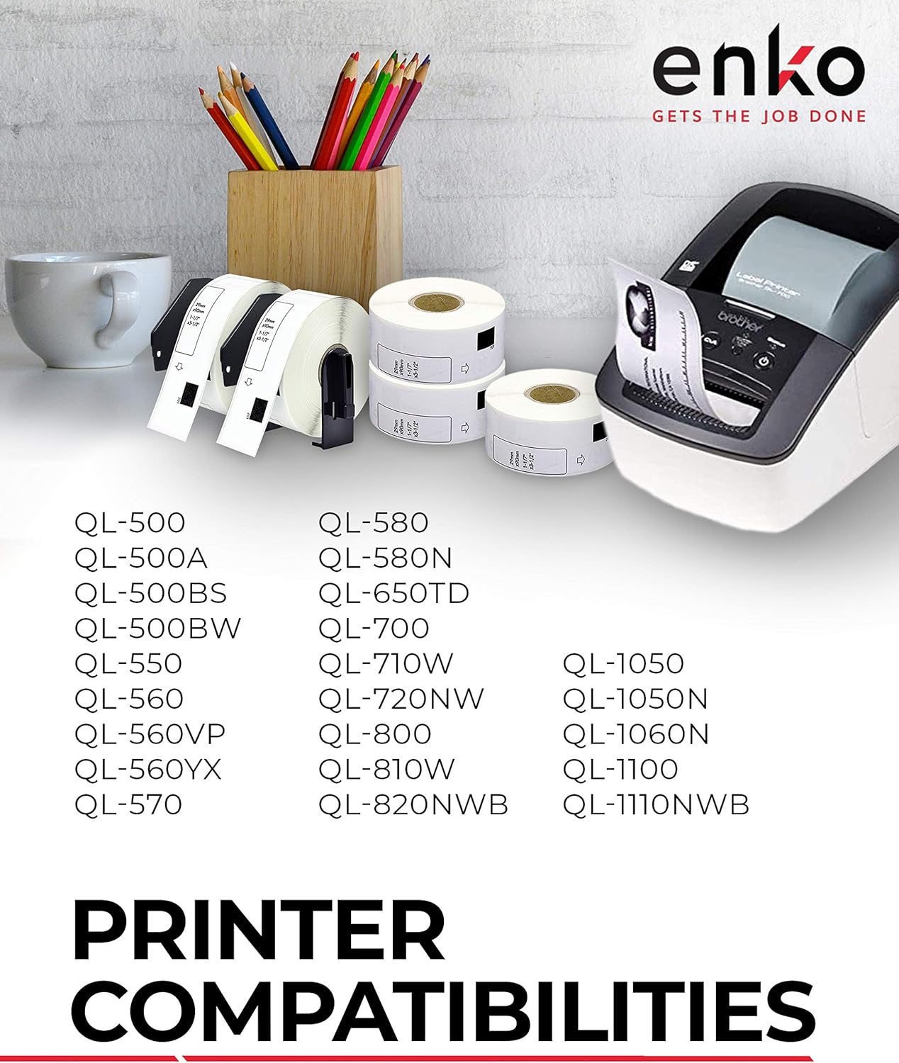 enKo - Compatible DK-1201 Standard Address 1-1/7" x 3-1/2" Replacement Labels, Compatible for Brother QL Label Printers [12 Rolls / 4800 Labels with 4 Refillable Cartridge Frame]