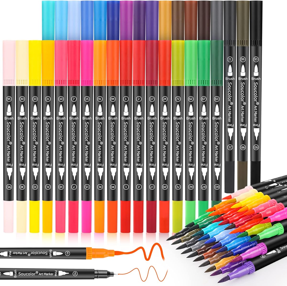 Soucolor Art Brush Markers Pens for Adult Coloring Books, Christmas Gifts Stocking Stuffers for Teen Girls Art Supplies, 34 Colors Numbered Dual Tip (Brush and Fine Point) Drawing Markers for School