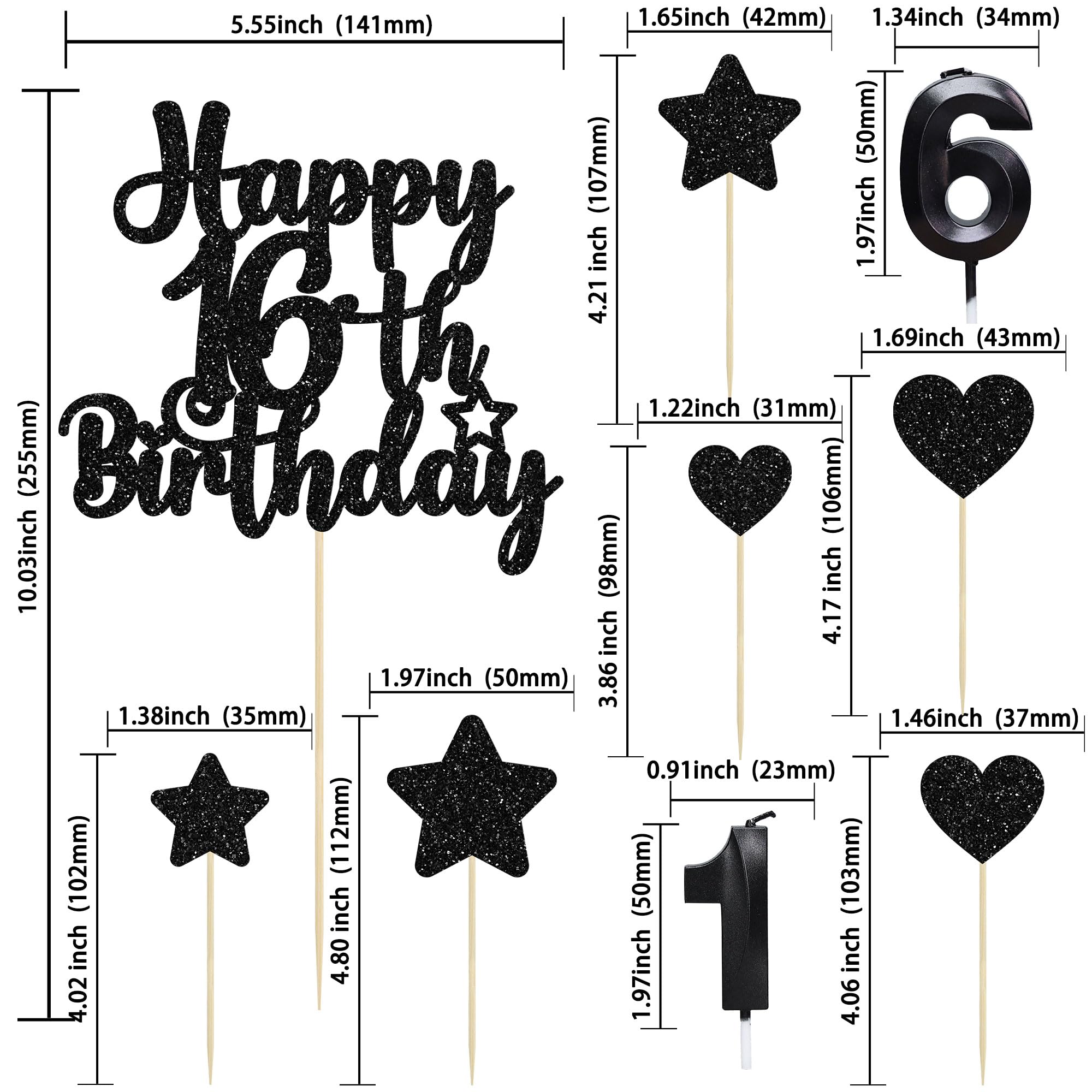 Gyufise 15Pcs Happy 16th Birthday Cake Topper Set including Heart Star Glitter Cheers to 16 Years Cake Picks Number 16 Candles Cake Decorations for Happy 16th Birthday Anniversary Party Supplies Black - Image 2