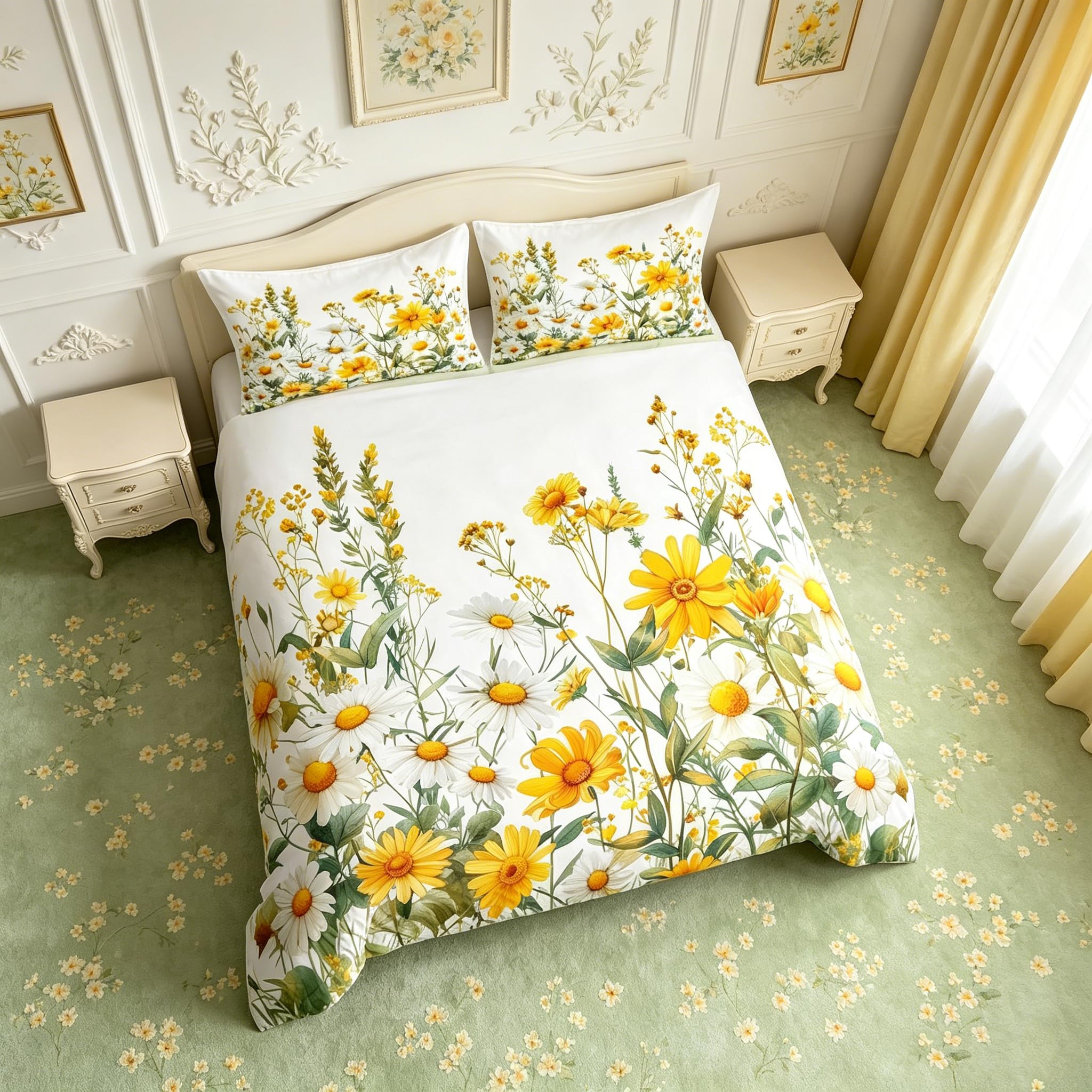 Parure de lit enfant avec housse de couette imprimé floral jaune et taies d'oreiller