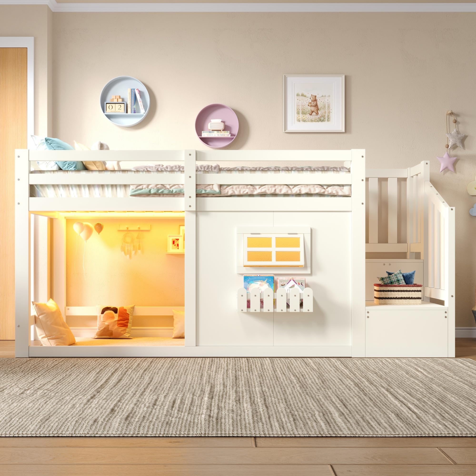 Cama alta 90 x 200 cm, madera de pino, ventana, escalera de almacenamiento, barra de luz LED, sin colchón