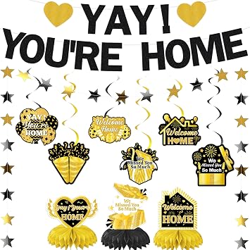 Welcome Home Banner Decorations - Black Gold Youre Home Party Supplies with Hanging Swirls, Honeycomb Centerpieces and Garland for Men Women Homecoming Party Decor