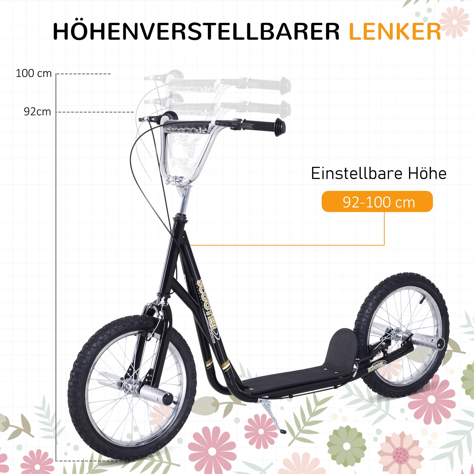 HOMCOM Kinderroller Scooter Tretroller Cityroller Kinder Roller Kickboard 16 Zoll 143 x 58 x 92-100 cm