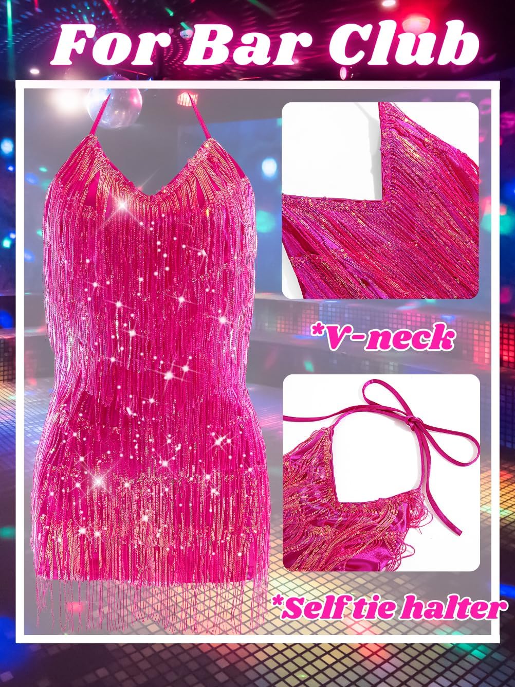 Kaei&Shi Sequin Fringe Romper,Sparkly Glitter Metallic Jumpsuits For Women,Backless Shorts Dress Disco Birthday Dance Outfit - Image 4