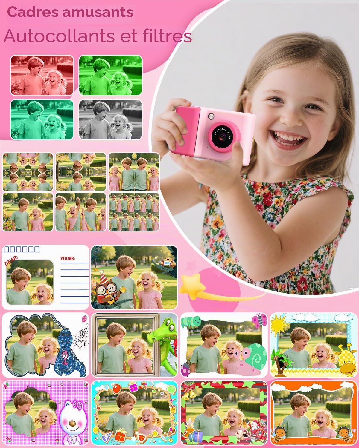 Appareil Photo Instantané Enfant, 1080P Appareil Photo Numérique Enfant, Caméra Vidéo avec Écran 2,4 Pouces, LED Flash, Carte TF 32 Go, Papier d'impression, Cadeau pour Filles Garçons 3-12 Ans, Rose