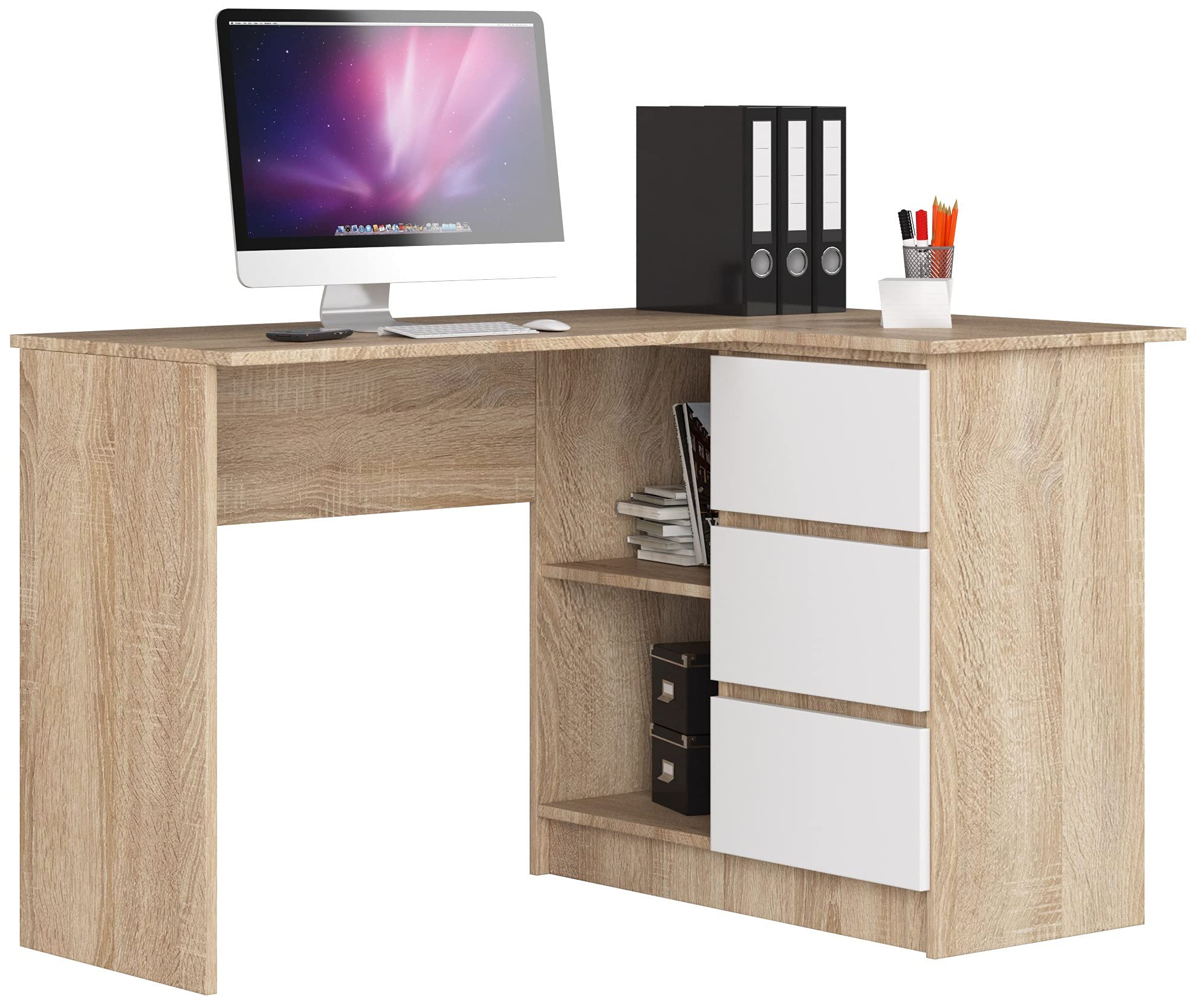 Escritorio esquinero AKORD B16 Roble Sonoma 124 cm con lado derecho 3 cajones frente en color Blanco 2 estantes 124x85x77 cm