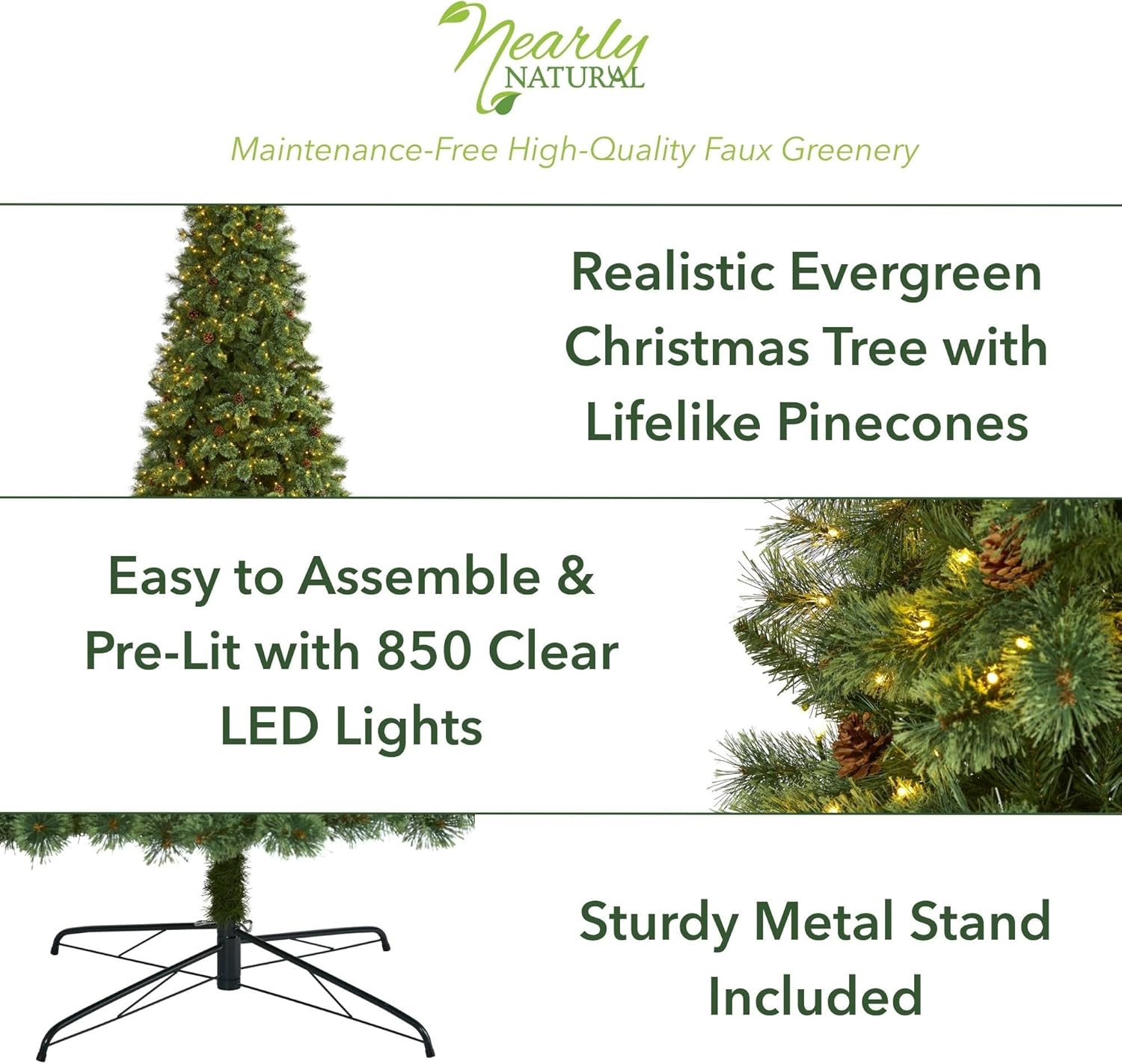 Nearly Natural 10ft. White Mountain Pine Artificial Christmas Tree with 850 Clear LED Lights and Pine Cones