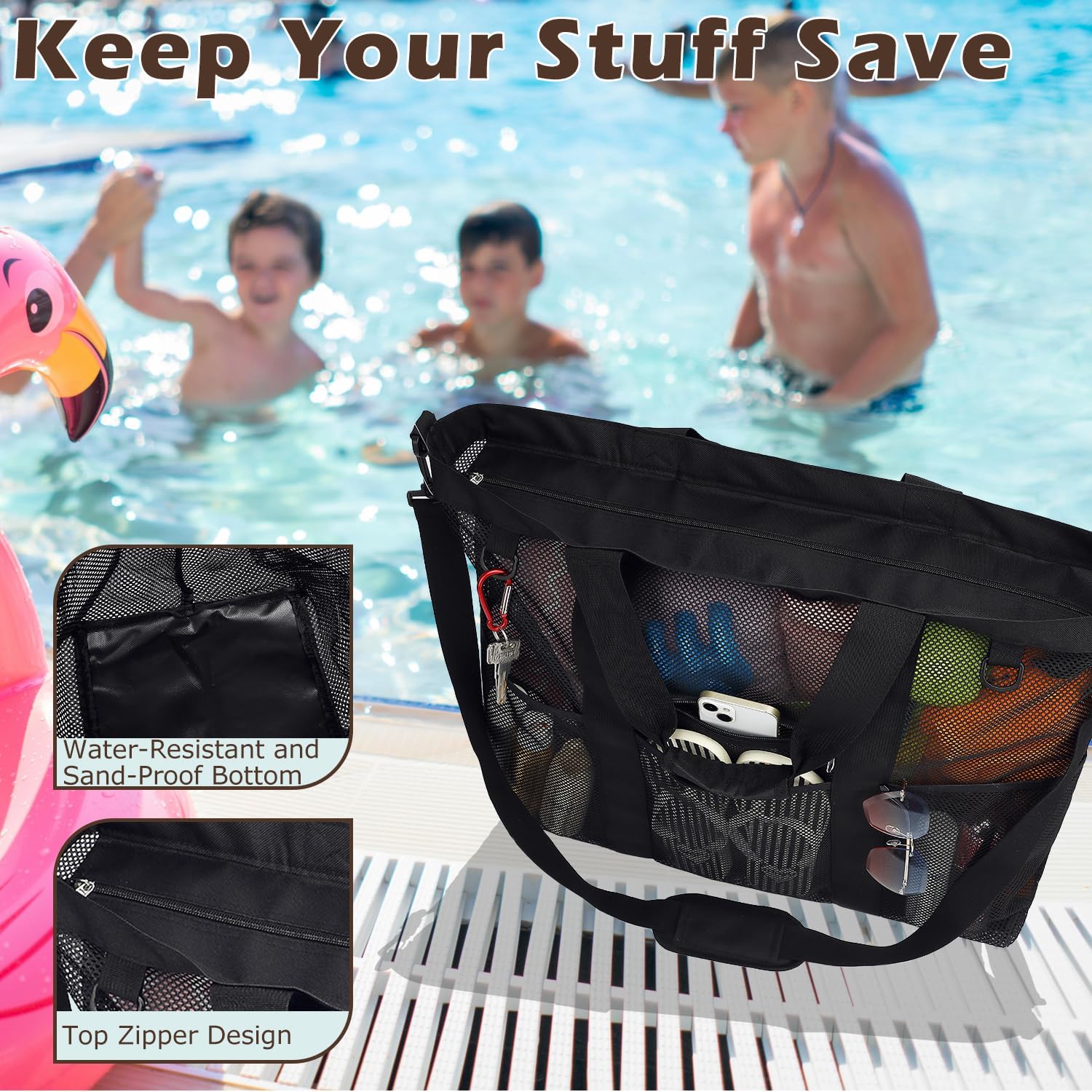 Mesh Beach Bag with Zipper, Large Beach Tote for Women, Toys Pool Swim Bag Travel Vacation Cruise Essentials - Image 5