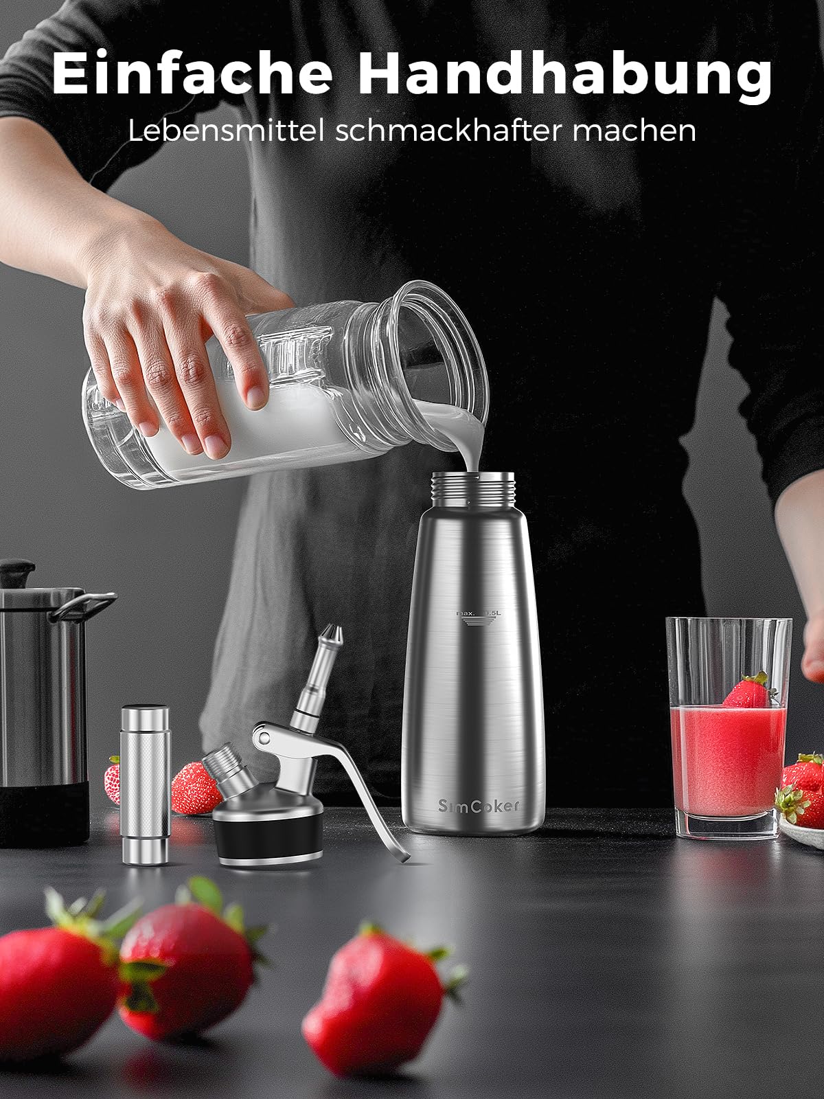 Sahnespender,Edelstahl Sahnesiphon 500ml,inklusive Ersatzteile 3 Spritztüllen und 1 Reinigungbürste, Schlagsahnebereiter,Deutsche Anweisungen