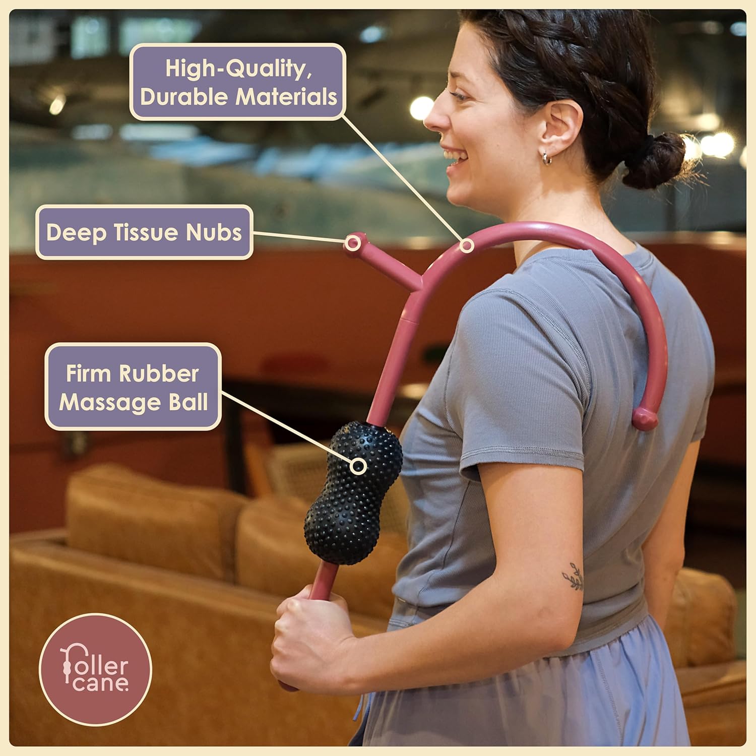 Roller Cane Massager | 2-in-1 Massage Roller Stick & Trigger Point Cane | Rubber Ball for Deep Tissue, Myofascial Release & Muscle Recovery (Red) - Image 3