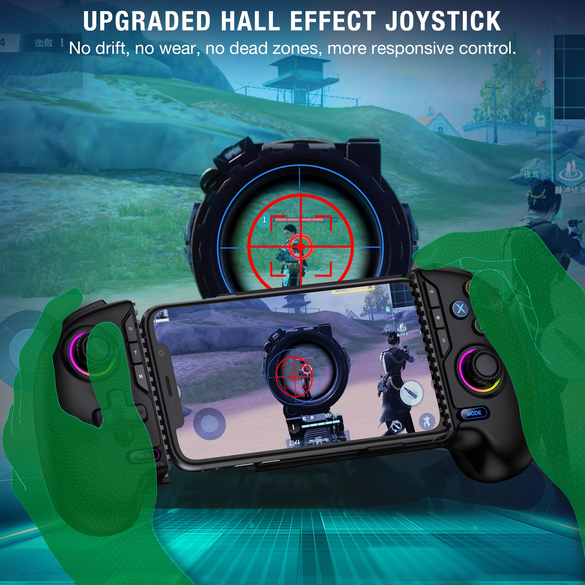 Controller da gioco mobile per iPhone e Android, controller per telefono per Xbox/Steam/GeForce Now/MFi Apple Arcade/Roblox/Minecraft, controller wireless per giochi telefonici con joystick effetto