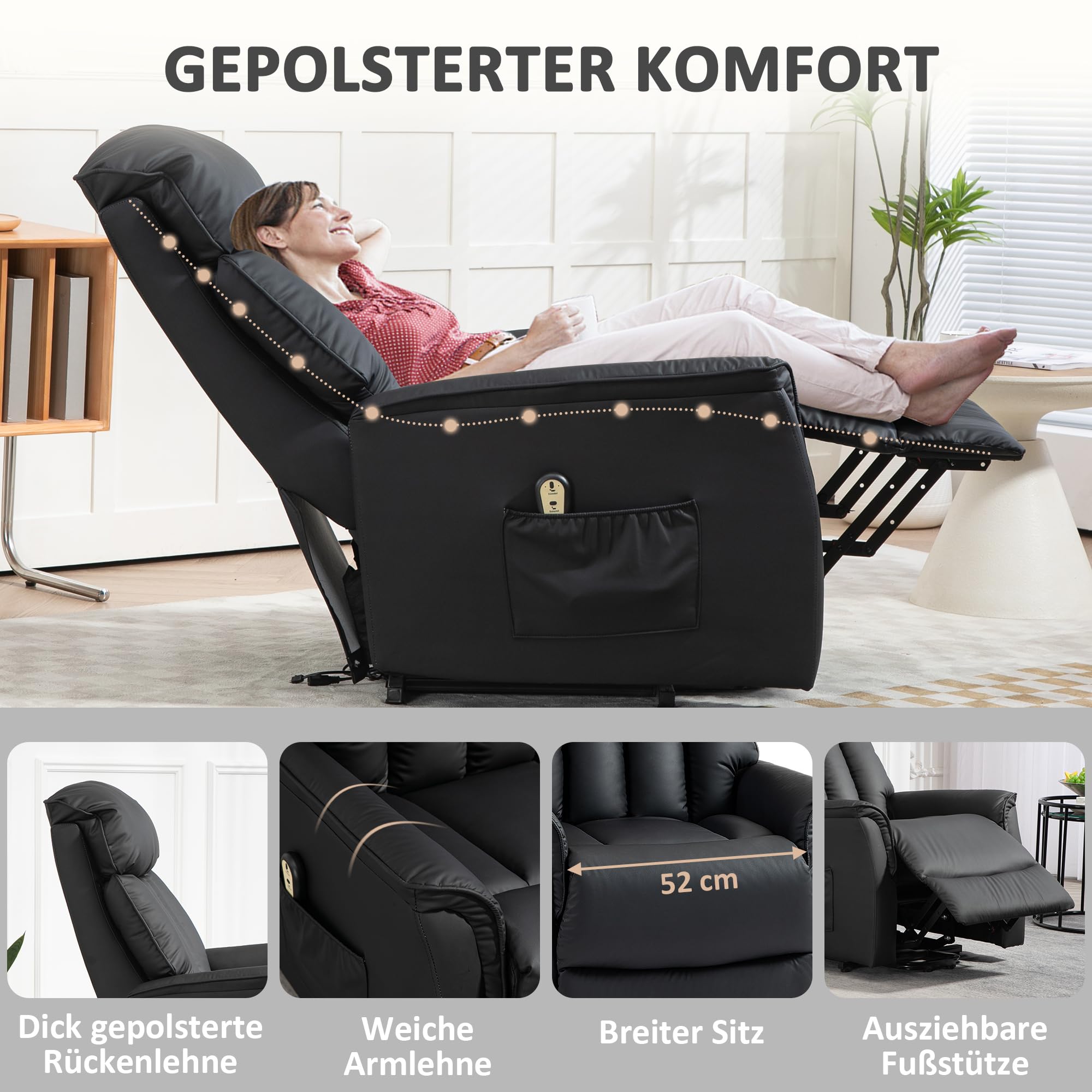 HOMCOM Relaxsessel Elektrisch Fernsehsessel mit Aufstehhilfe, Liegefunktion, TV Sessel mit Fußteil, Seitentasche, Fernbedienung, für Wohnzimmer, bis 150 kg, Kunstleder, Schwarz