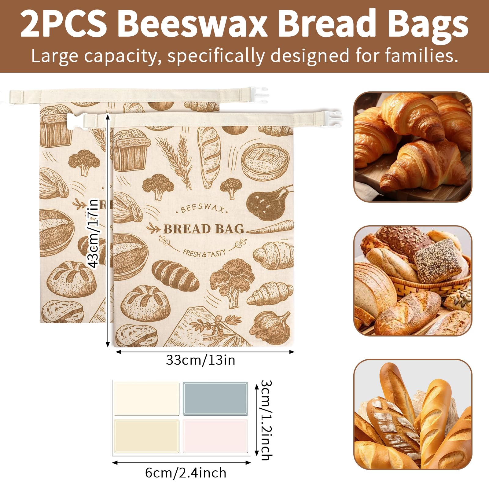 2 sacchetti per il pane di cera d'api, 43 cm x 33 cm, riutilizzabili, per pane e pane, stile 1