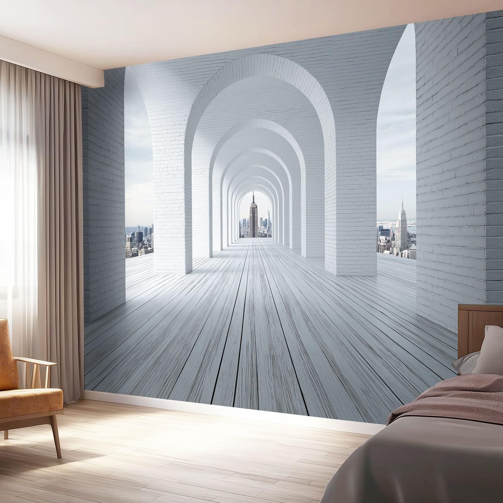Carta da parati fotografica 3D, moderna e industriale, con tunnel e arco di mattoni, grattacieli, decorazione da parete, 350 x 256 cm, in tessuto non tessuto, XXL, per soggiorno, camera da letto