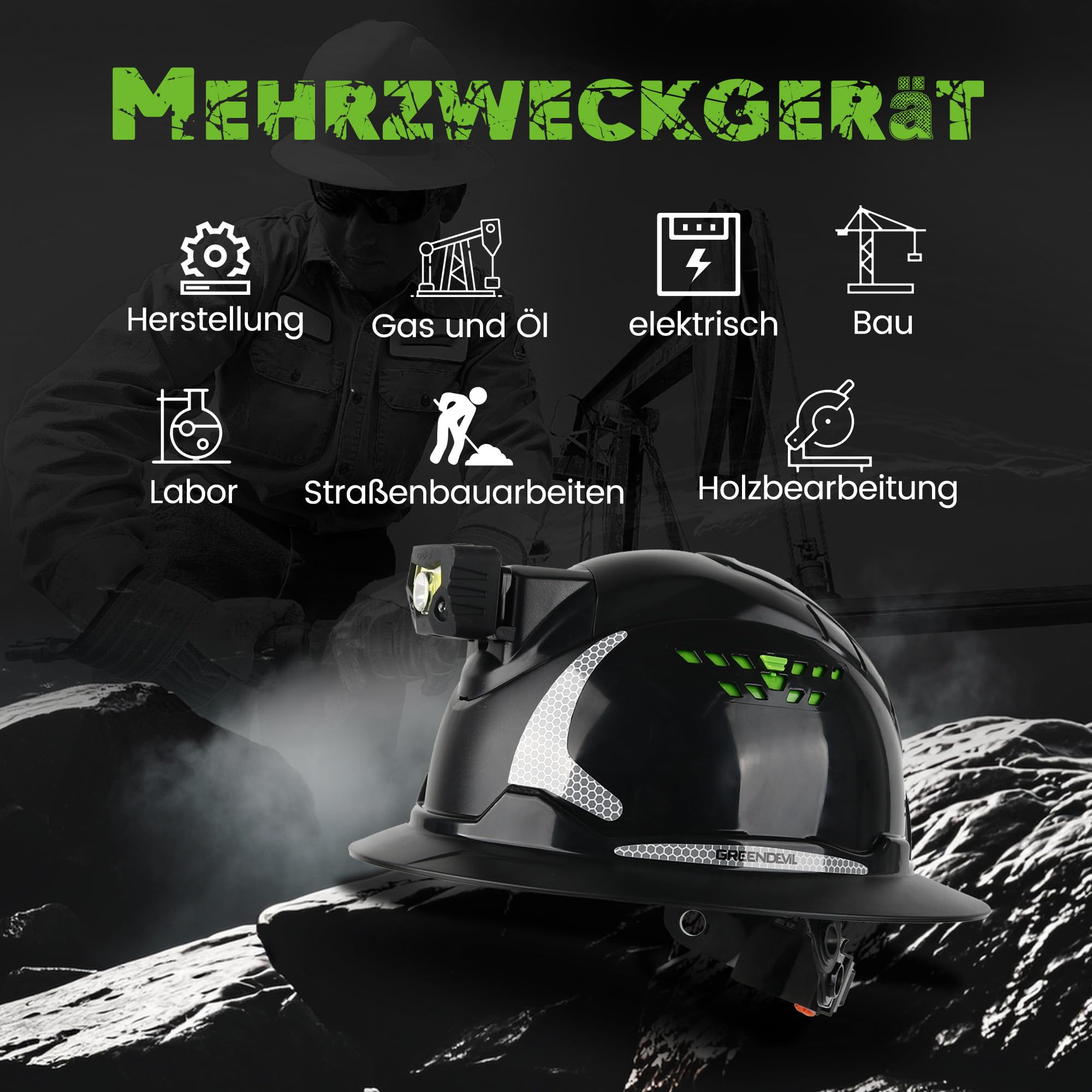 GREEN DEVIL Matrix Full Brim kask ochronny EN 397 – kask ochronny z wentylacją, latarka czołowa LED (IPX5), system 6-punktowy i regulowana wyściółka wewnętrzna – idealny do budownictwa, przemysłu,