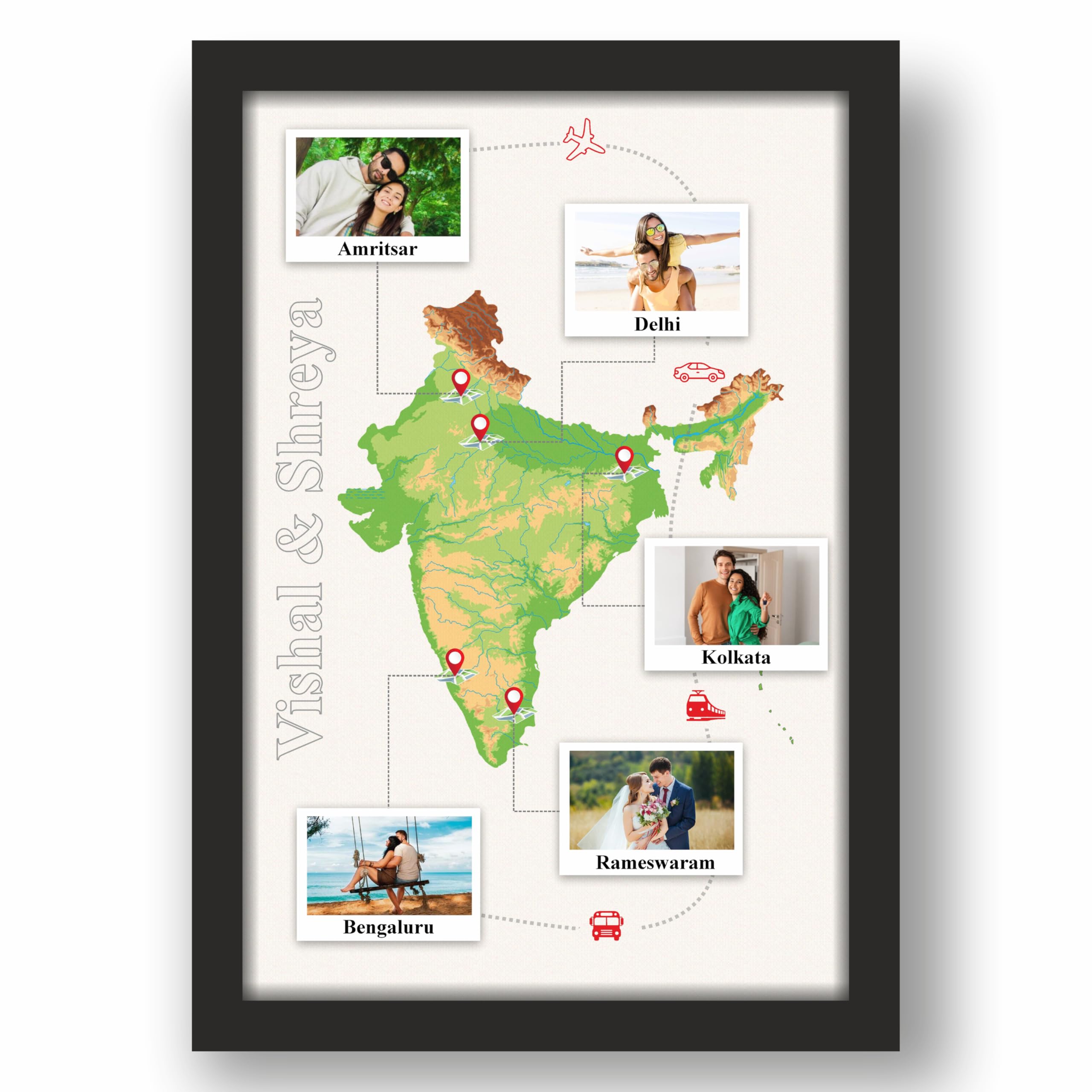 Yaadscape Light Theme Custom Travel Map Frame - 12x16 inch Black Fiber Frame - Gift for Globetrotters & Romantic Getaways-image-15