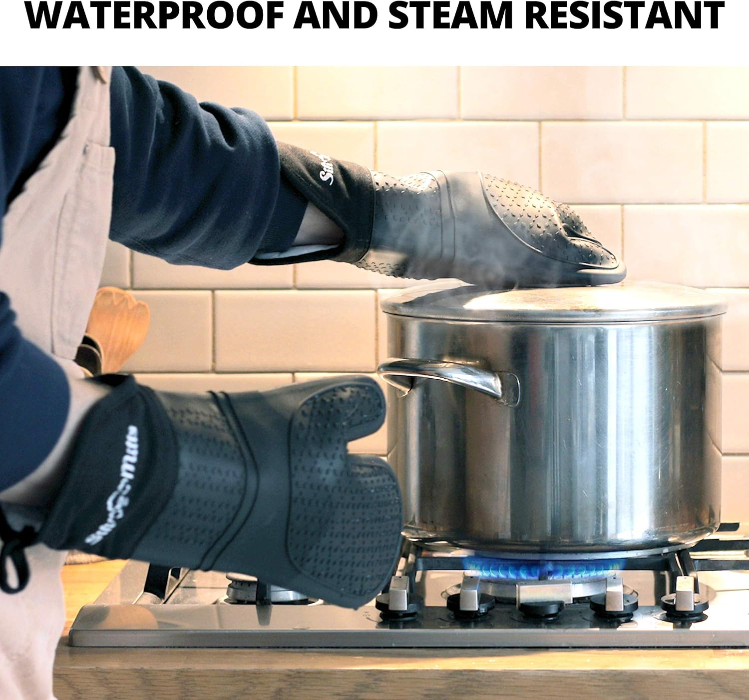 Silicone Oven Mitts Heat Resistant 500 Degrees - 2 Extra Long Silicone Oven Mitt Pot Holders - Food Safe Oven Gloves - BPA Free - Soft Inner Lining - (Black) - Frux Sili Mitts