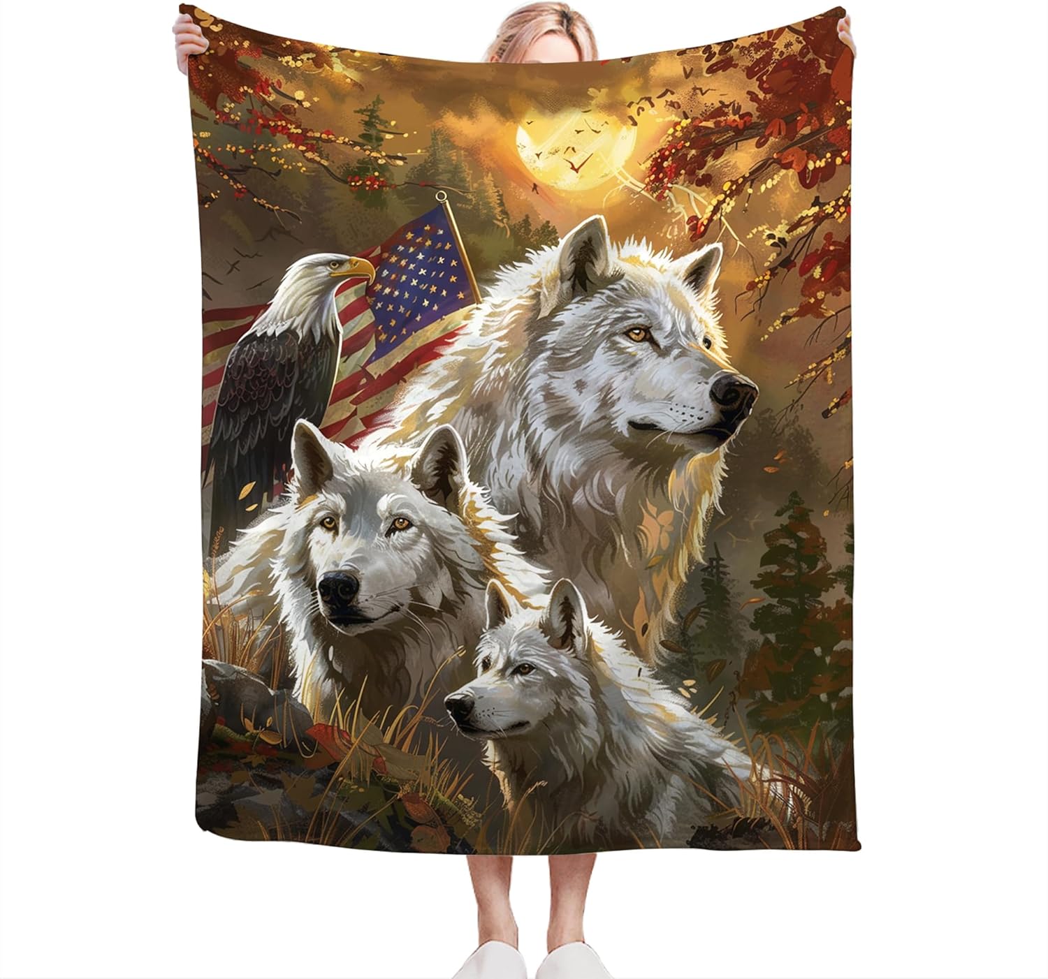 Wolf Eagle Blanket Wolf and Eagle Throw Blanket Wolf Gifts and Decor Eagle Blanket for Women Men Kids Adults Soft Warm Cozy Fleece Blanket for Couch Sofa ​Bed 60"x50"