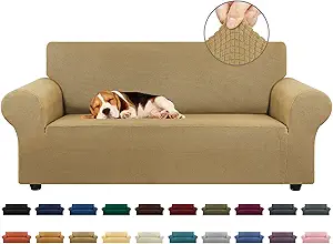 KEKUOU Stretch Loveseat Sofa Cover Slipcover,Couch Covers for 2 Cushion Couch Sofa (55"-78") Furniture Protector Sofa with Elastic Bottom for Kids,Dog. Jacquard Small Checked (Medium,Tan)