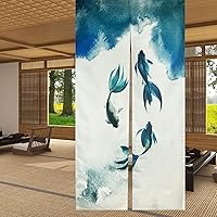 Vista 9 de LIGICKY Cortina de puerta Noren japonesa estilo chino de lino con estampado de hojas de loto y pescado de koi, tratamiento asiático para ventana