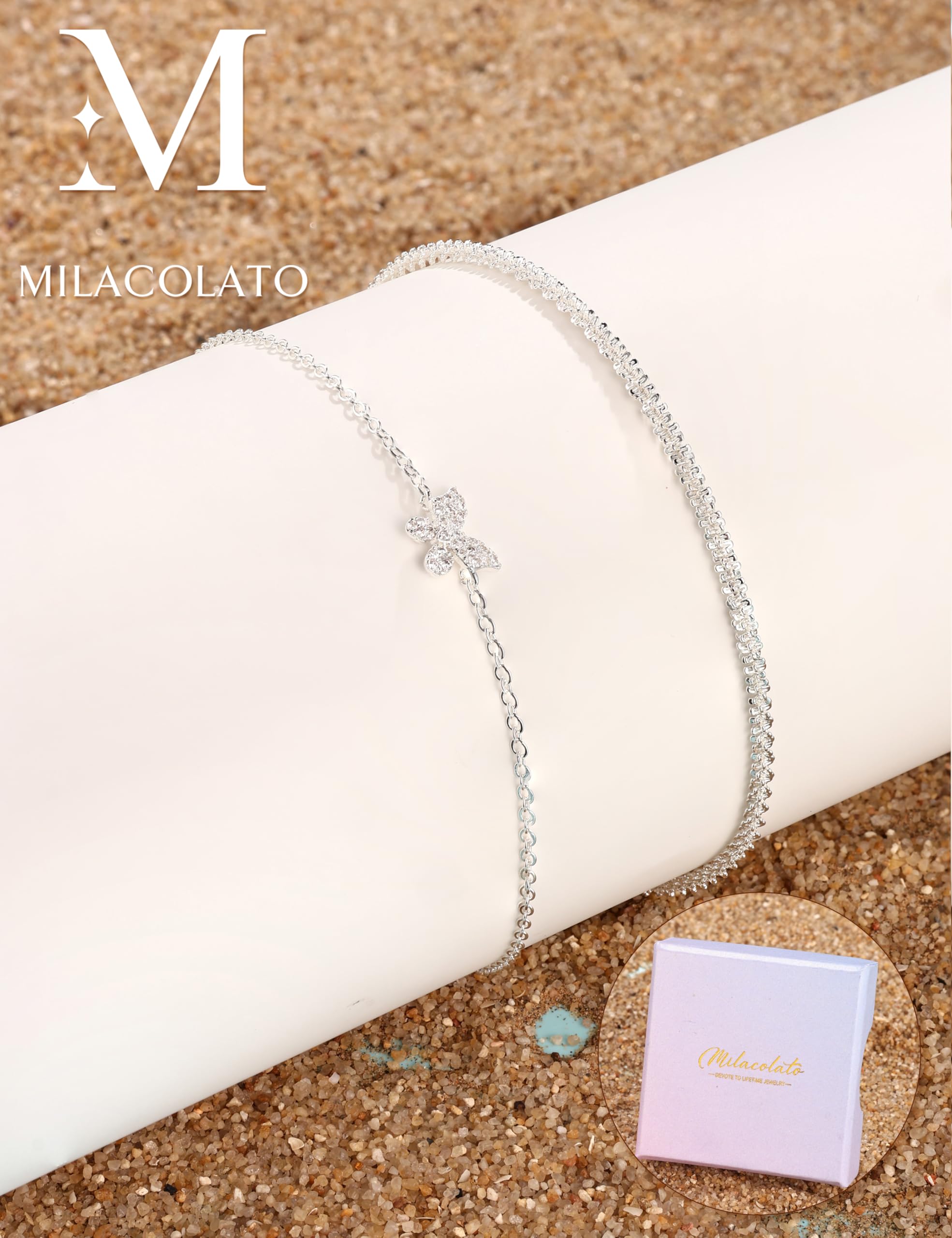 MILACOLATO Cavigliera regolabile in argento Sterling 925 da donna, impermeabile, con farfalla, cuore, stella, cerchio, cavigliera
