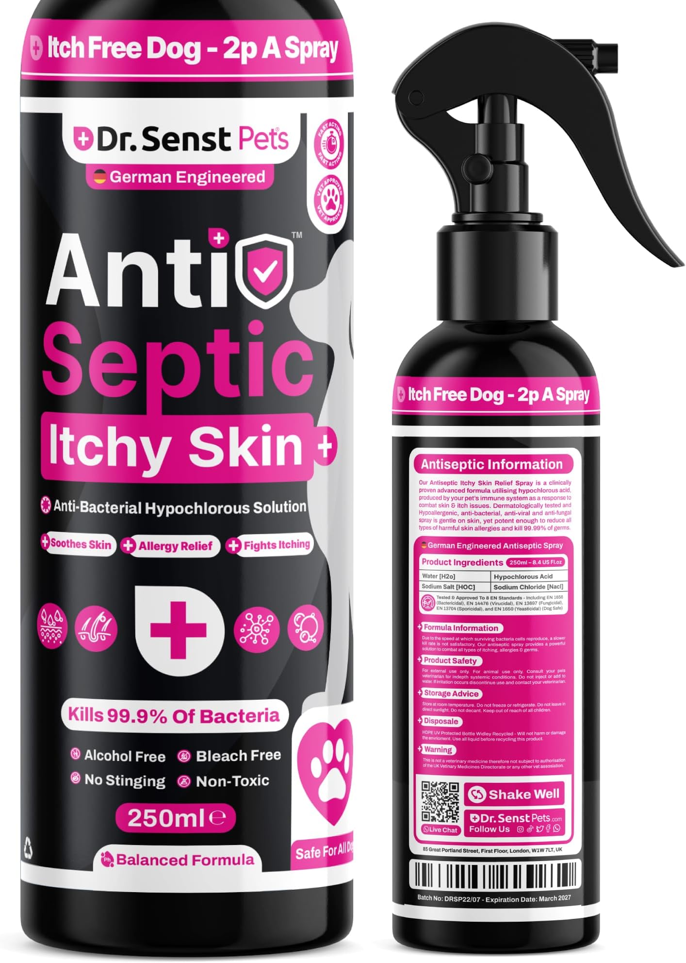 Dr. Senst Itchy Dog Skin Relief & Dog Allergy Relief Spray | 250ml Hypochlorous Acid Anti Itch For Dogs Relief | Dog Antiseptic Spray | Dog Itchy Skin Relief | Antiseptic Spray For Dogs