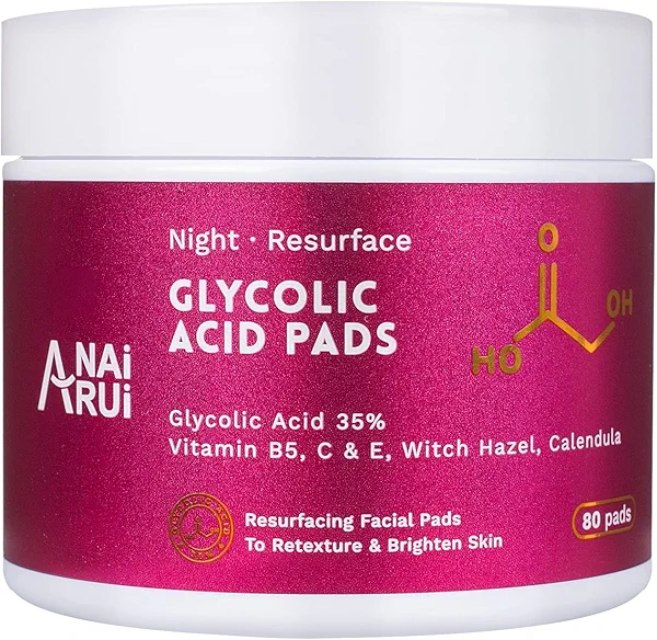 ANAI RUI Glycolic Acid Peel Pads 35% AHA Resurfacing Facial With Vitamins B5, Witch Hazel, Calendula - Exfoliating for Face Dark Spots and Reduces Fine Lines - 80 Pads Dark Red 80 Count (Pac