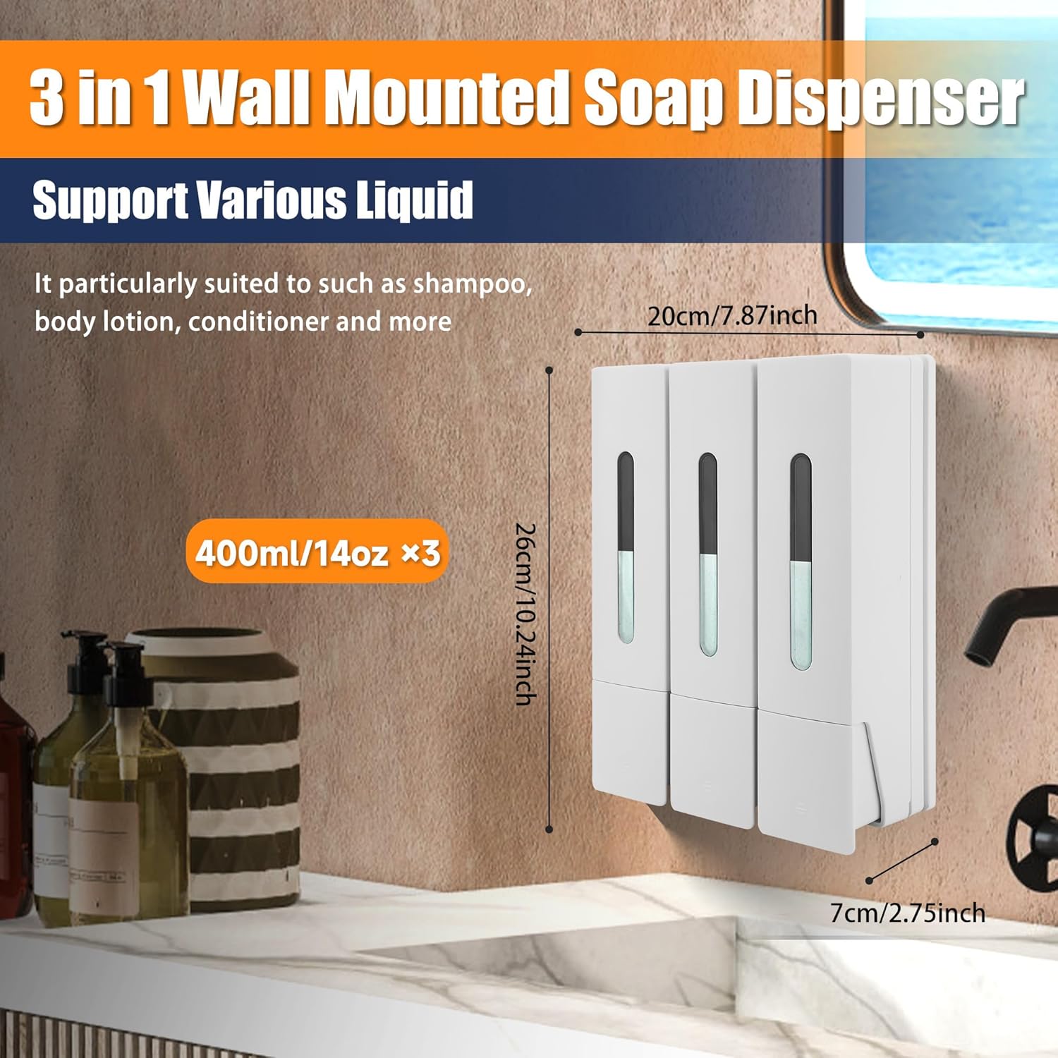 Shampoo Conditioner Dispenser 3 Chamber Wall Mounted Shower Soap Dispenser 400ml Shower Gel Shampoo Conditioner for Bathroom Kitchen Hotel Office Hospital (White)